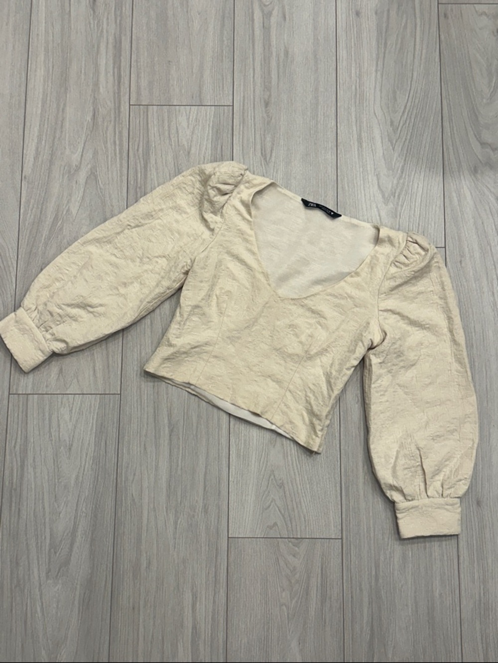 Zara Cream Puff-Sleeve Cropped Square Neck Blouse